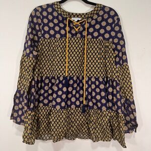 Earthbound Trading Co Navy Mustard Mixed Floral Tiered Lace Up Peasant Blouse M